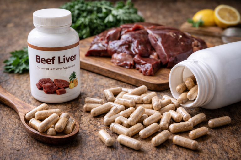 Beef liver supplements on rustic wood