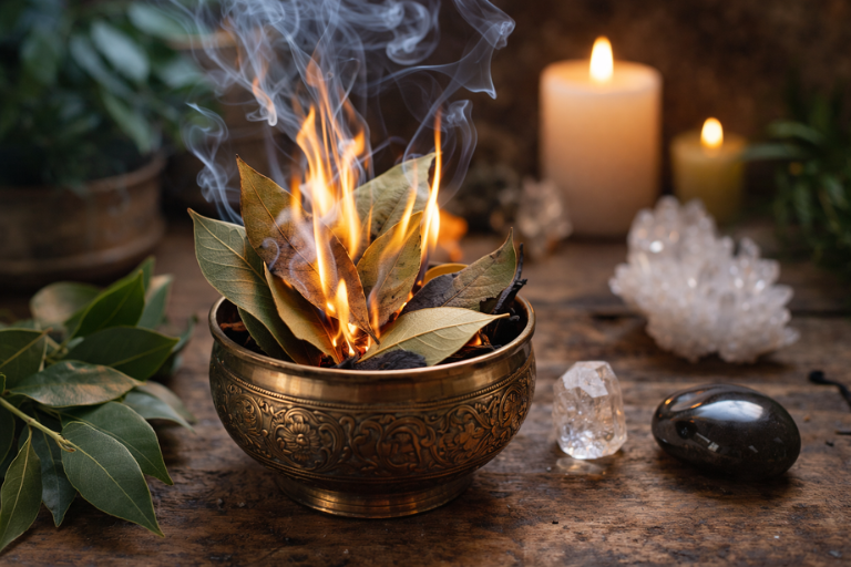 Burning bay leaves in brass bowl