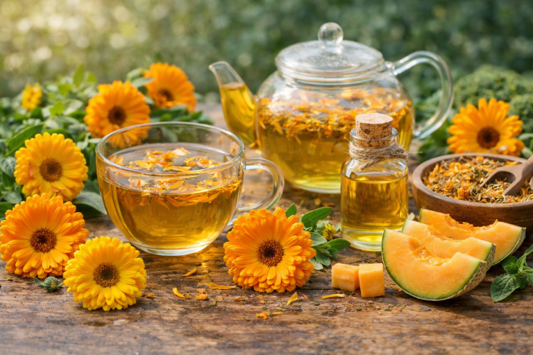 Calendula tea and oil arrangement