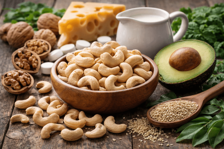 Cashew nuts in a wooden bowl with avocado, milk, cheese, and walnuts on rustic table representing bone strength and brain health benefits