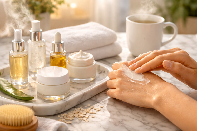 Dry Skin Care Tips featuring moisturized hands applying cream beside hyaluronic serum, ceramide cream, and squalane oil on a sunlit vanity.