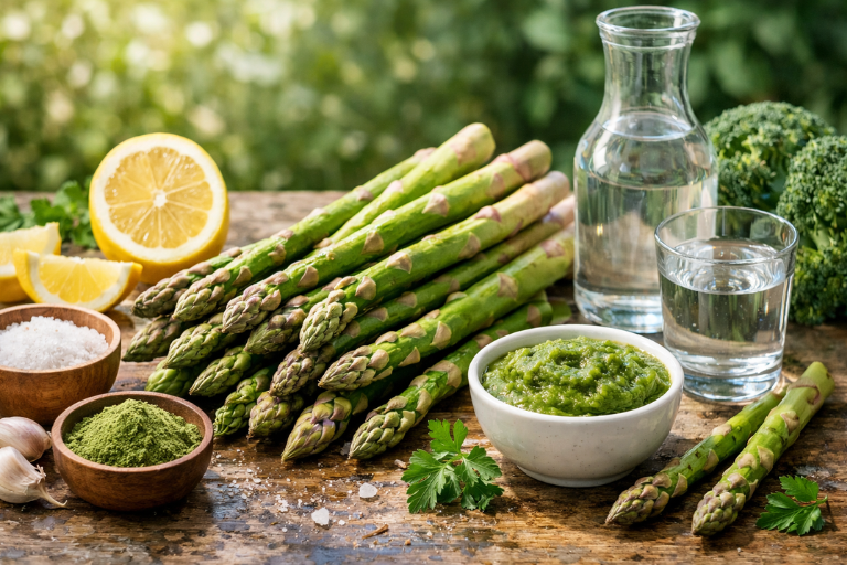 Fresh asparagus and citrus on wood