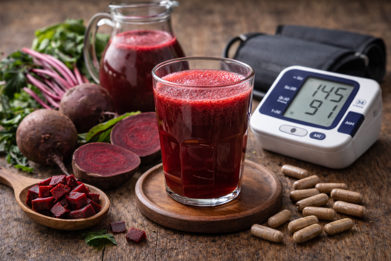 Fresh beetroot juice on kitchen counter
