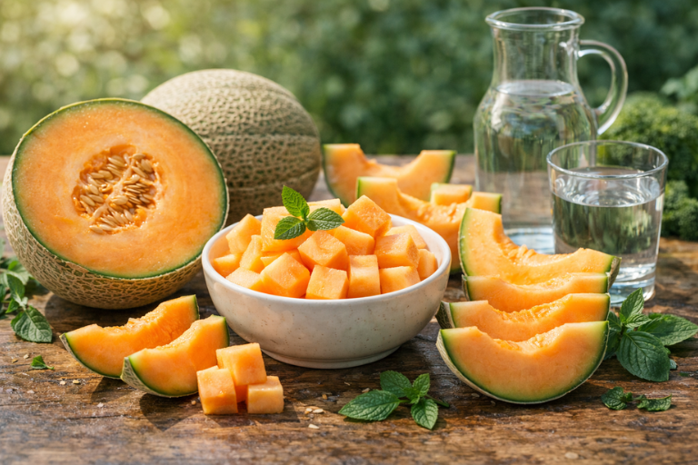Fresh cantaloupe on a rustic table