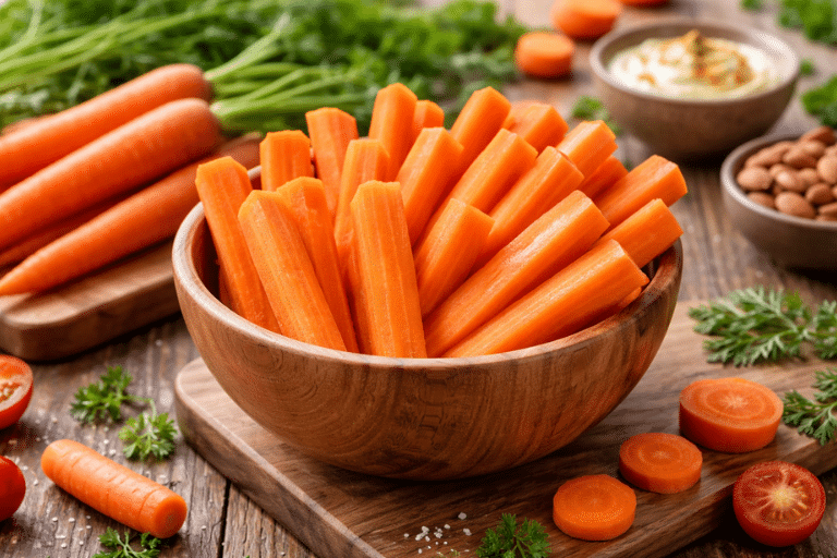Fresh carrot snacks with creamy hummus
