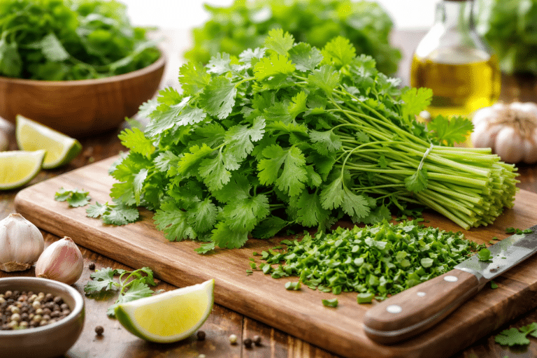 Fresh cilantro on a wooden cutting board