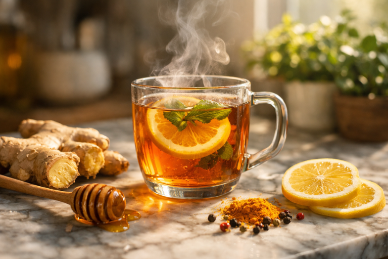 Ginger lemon tea with fresh ingredients