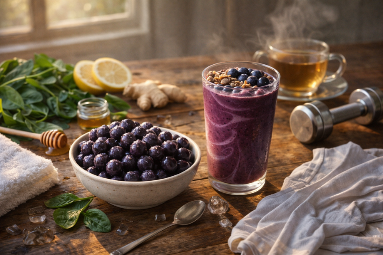 Healthy acai berry smoothie and ingredients
