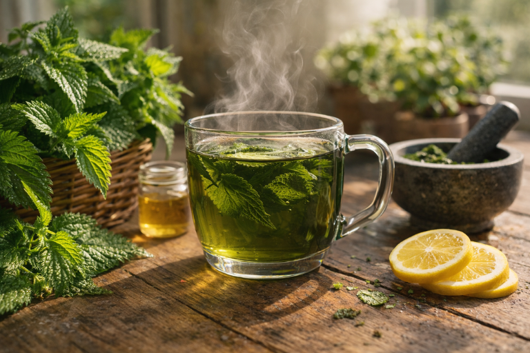 Morning nettle tea and fresh herbs