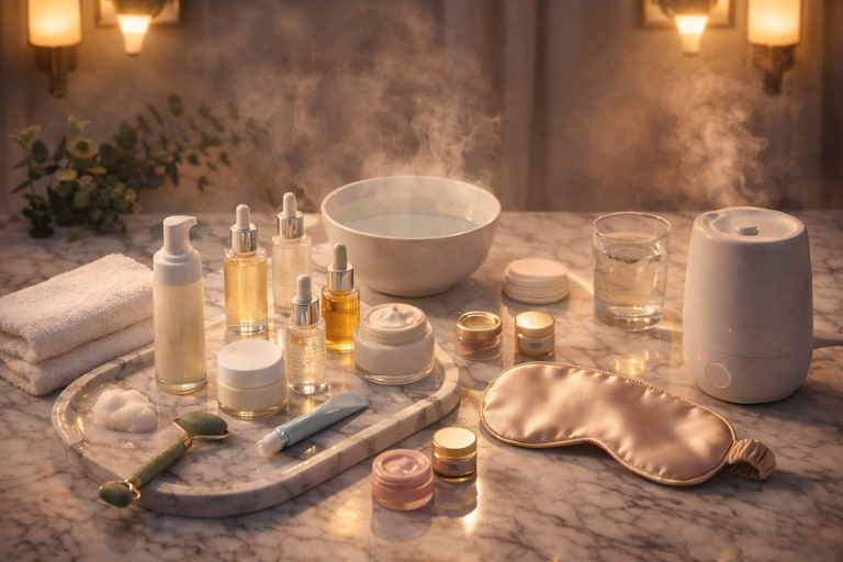 Nighttime skincare essentials on marble vanity