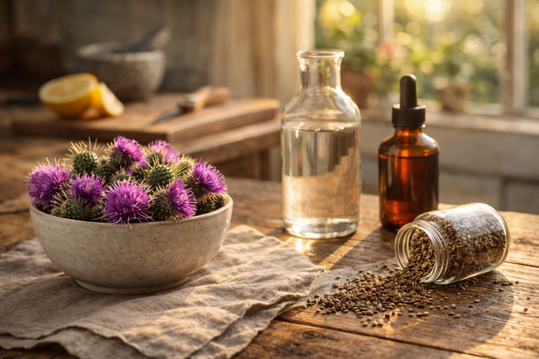 Rustic still life with milk thistle