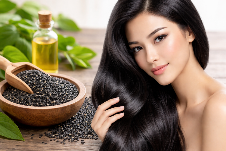 Shiny hair and sesame seeds