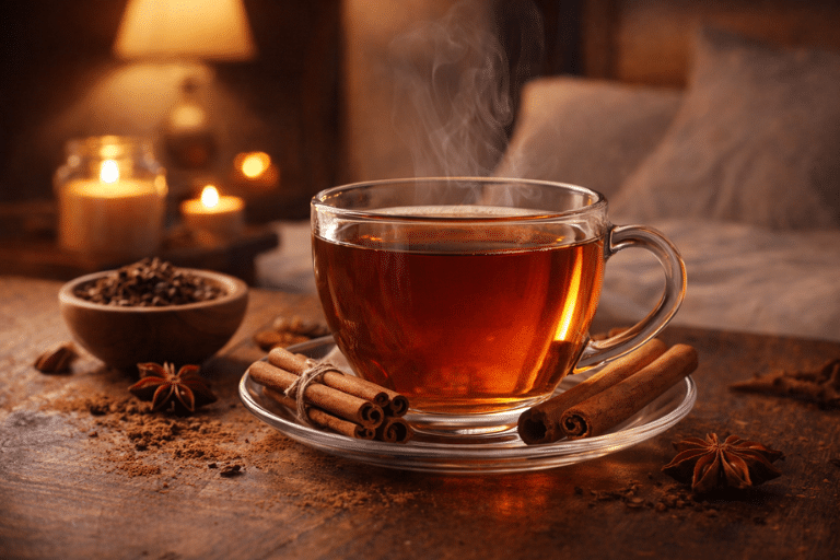 Steamy cinnamon tea in warm ambiance