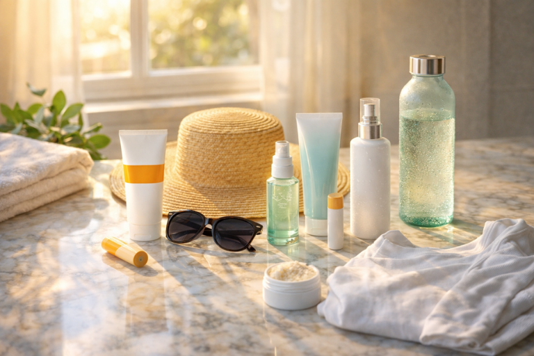 Summer skincare essentials on marble vanity