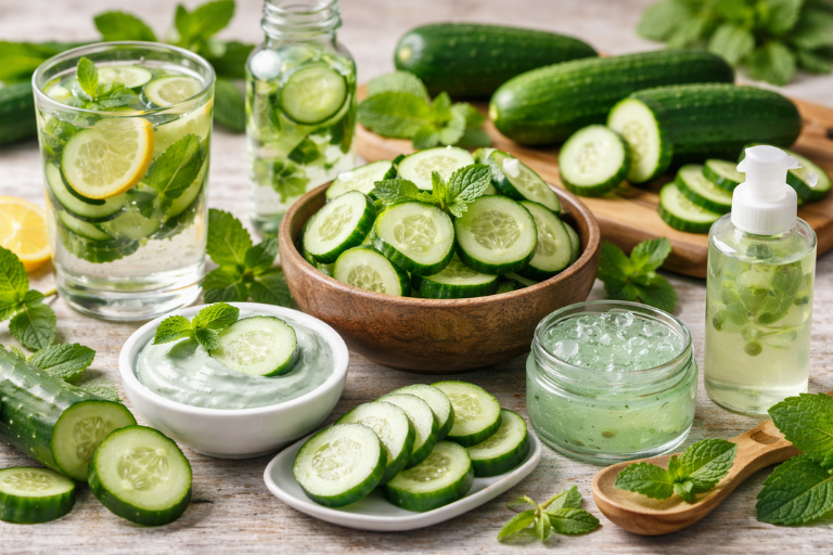 Summer skincare with cucumber and mint
