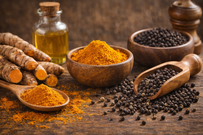 Turmeric and pepper on wood