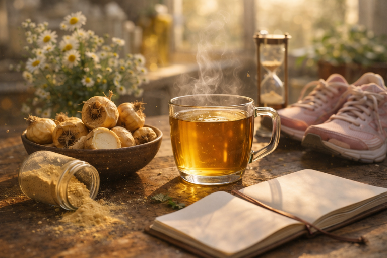 fresh maca roots and maca powder with herbal tea