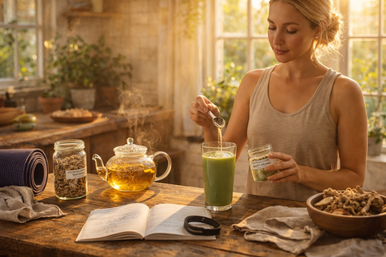 woman pours ashwagandha powder into a smoothie
