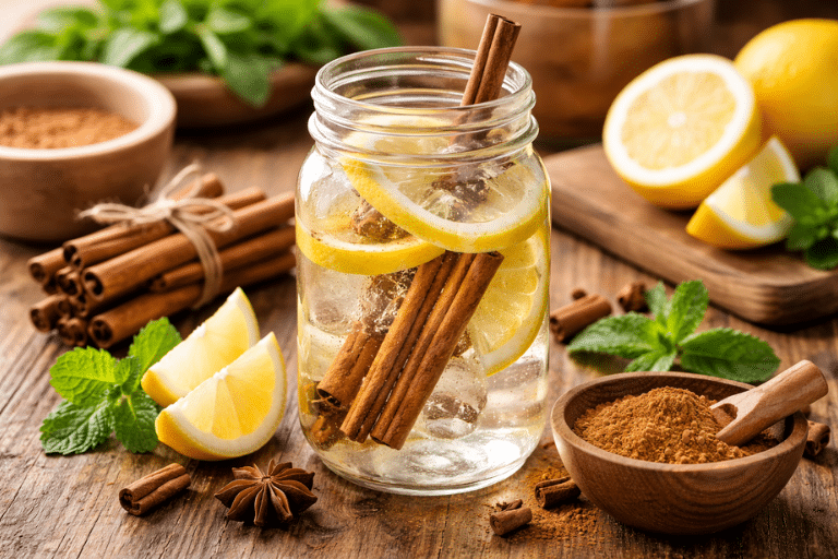 Cinnamon-infused water on rustic counter