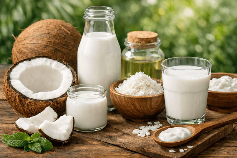 Coconut delights on a wooden surface